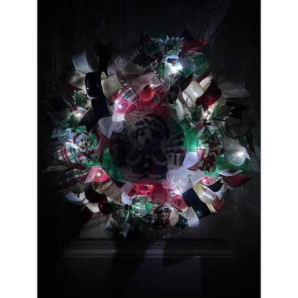 Handmade Christmas Santa Puppy Holiday Ribbon Door Wreath 22 ins W76 - Picture 11 of 12